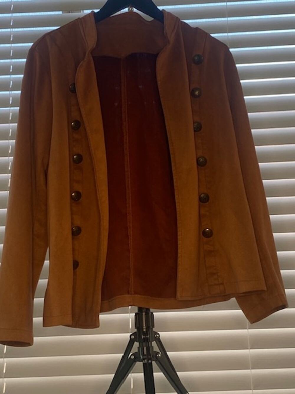 Women's XL Faux Suede Military Jacket Cognac Brown Open Front Button Accent